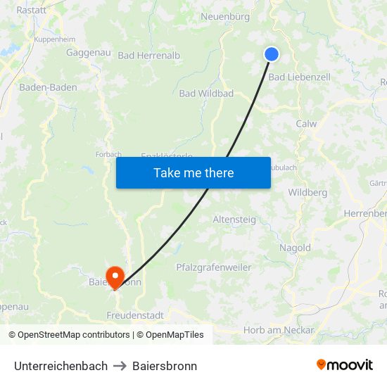Unterreichenbach to Baiersbronn map