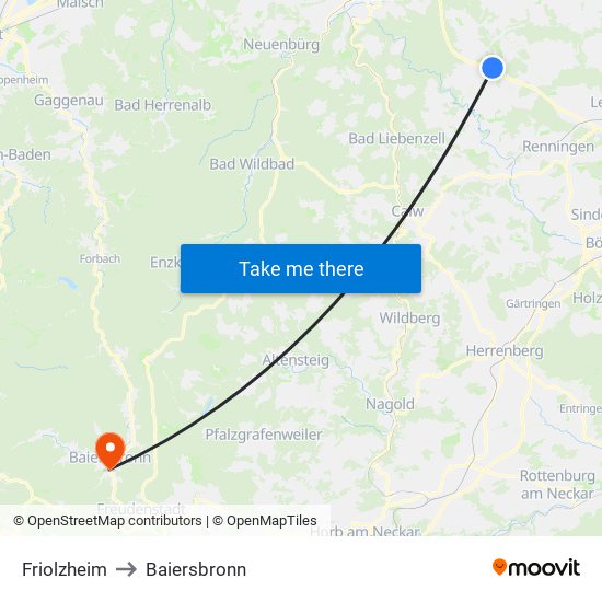 Friolzheim to Baiersbronn map