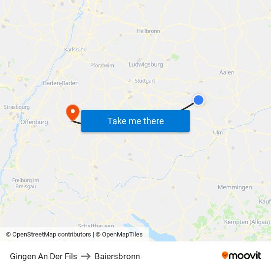 Gingen An Der Fils to Baiersbronn map