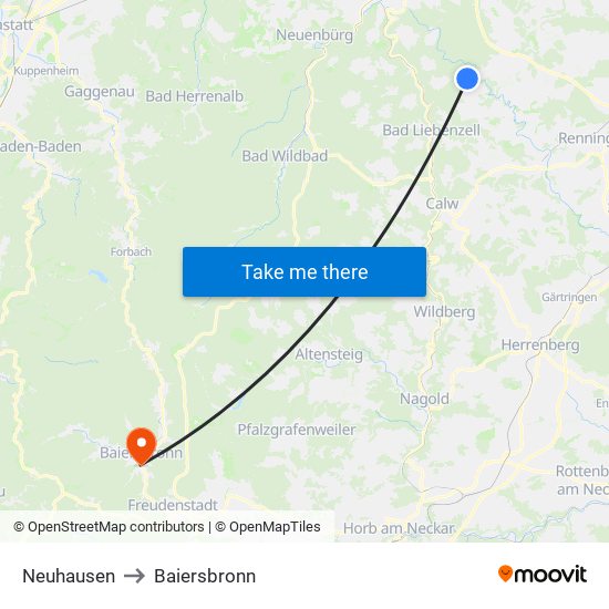 Neuhausen to Baiersbronn map