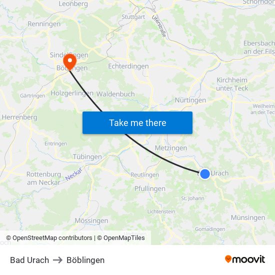 Bad Urach to Böblingen map