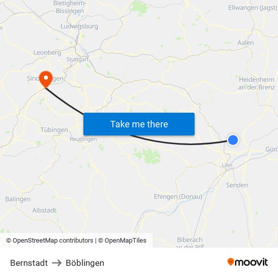 Bernstadt to Böblingen map