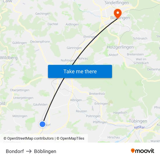 Bondorf to Böblingen map