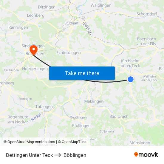 Dettingen Unter Teck to Böblingen map