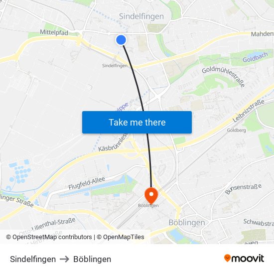 Sindelfingen to Böblingen map