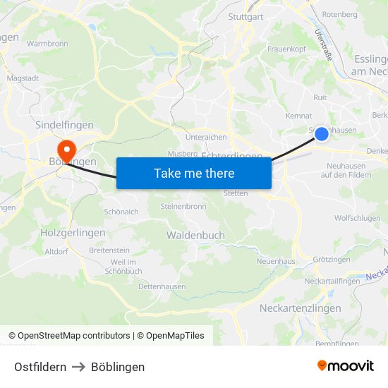 Ostfildern to Böblingen map