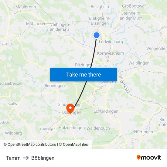 Tamm to Böblingen map