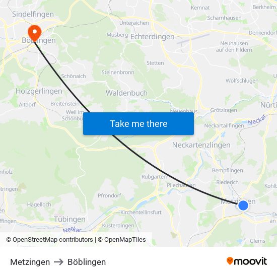 Metzingen to Böblingen map