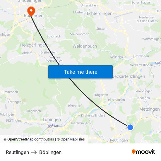 Reutlingen to Böblingen map