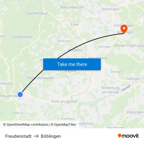 Freudenstadt to Böblingen map