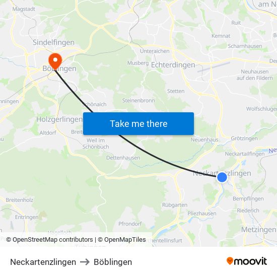 Neckartenzlingen to Böblingen map