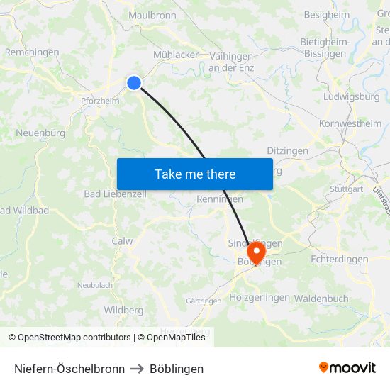 Niefern-Öschelbronn to Böblingen map