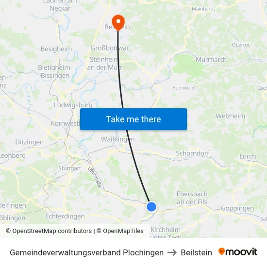 Gemeindeverwaltungsverband Plochingen to Beilstein map