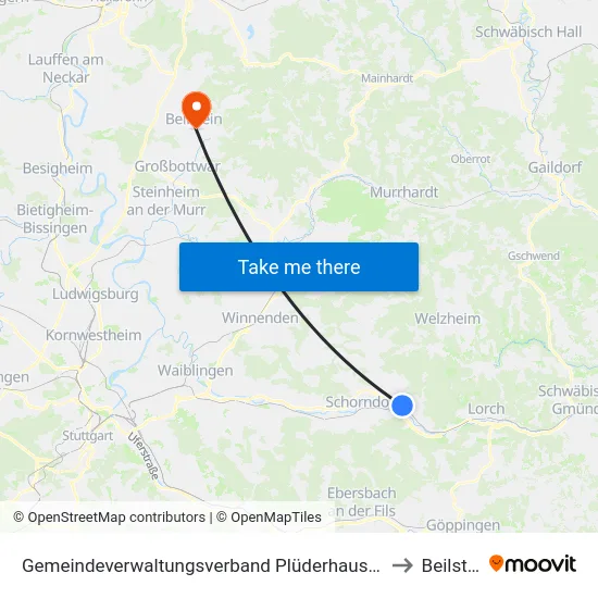 Gemeindeverwaltungsverband Plüderhausen-Urbach to Beilstein map