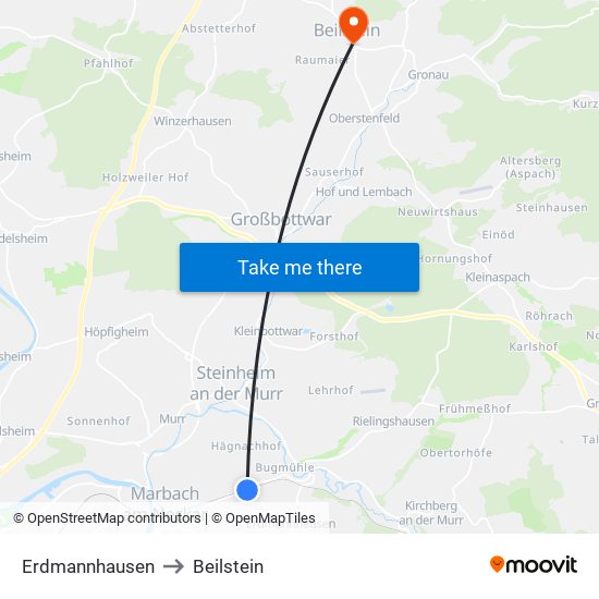 Erdmannhausen to Beilstein map