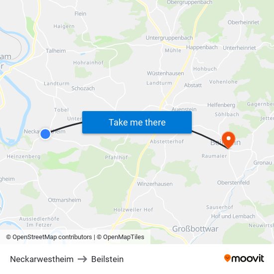 Neckarwestheim to Beilstein map