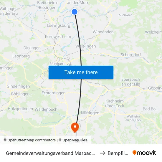 Gemeindeverwaltungsverband Marbach am Neckar to Bempflingen map