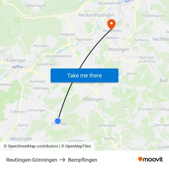 Reutlingen-Gönningen to Bempflingen map