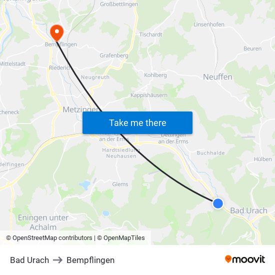 Bad Urach to Bempflingen map