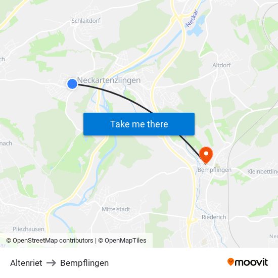Altenriet to Bempflingen map