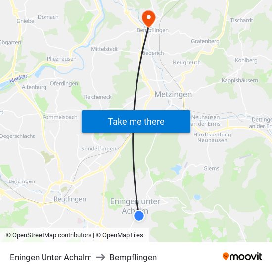 Eningen Unter Achalm to Bempflingen map