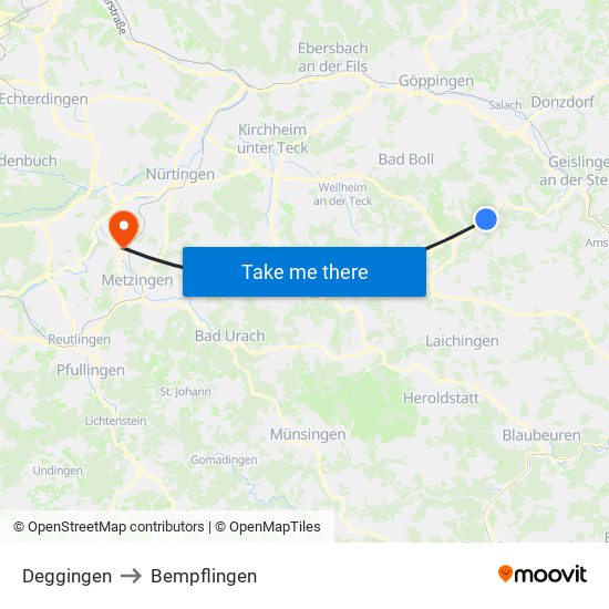 Deggingen to Bempflingen map