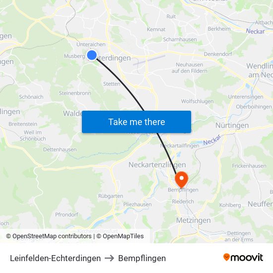 Leinfelden-Echterdingen to Bempflingen map