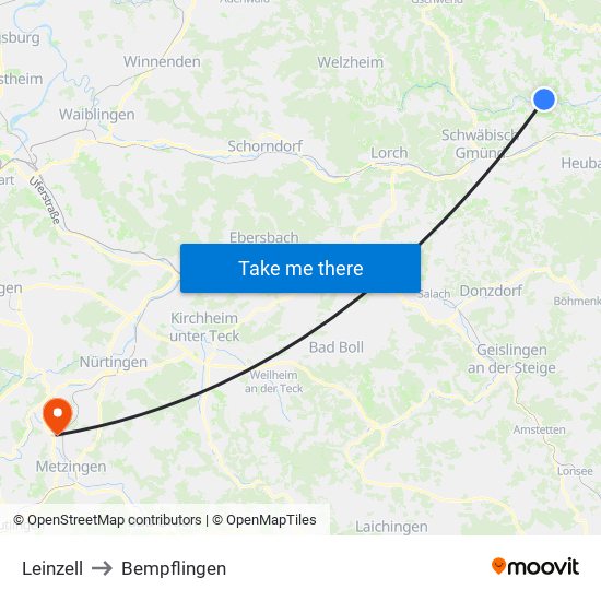 Leinzell to Bempflingen map