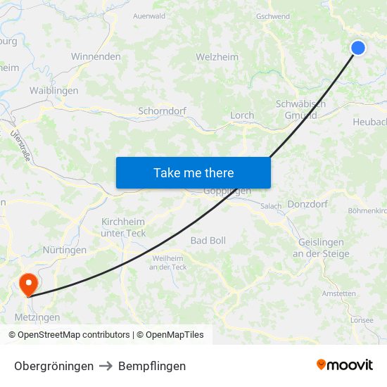 Obergröningen to Bempflingen map