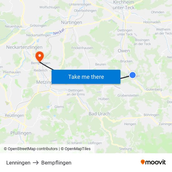 Lenningen to Bempflingen map