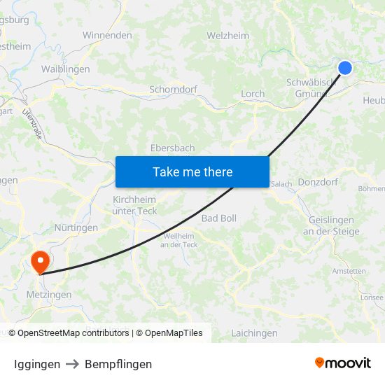 Iggingen to Bempflingen map