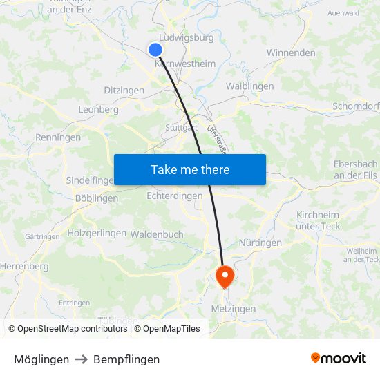 Möglingen to Bempflingen map