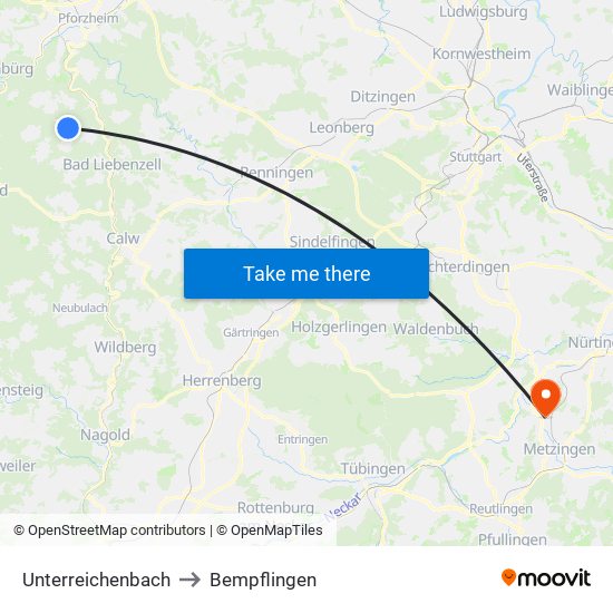 Unterreichenbach to Bempflingen map