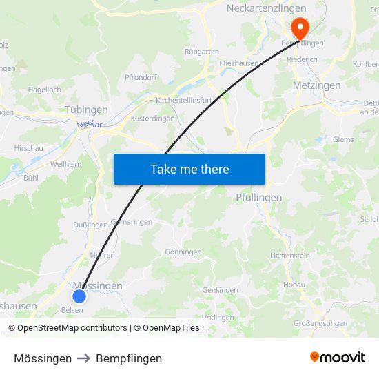 Mössingen to Bempflingen map