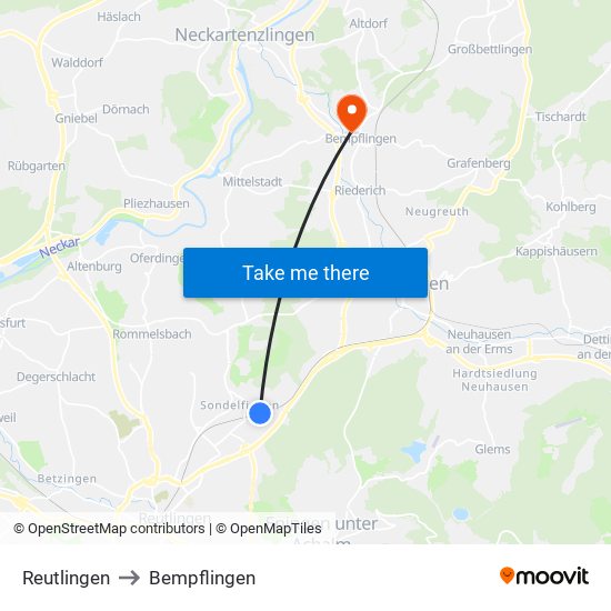 Reutlingen to Bempflingen map