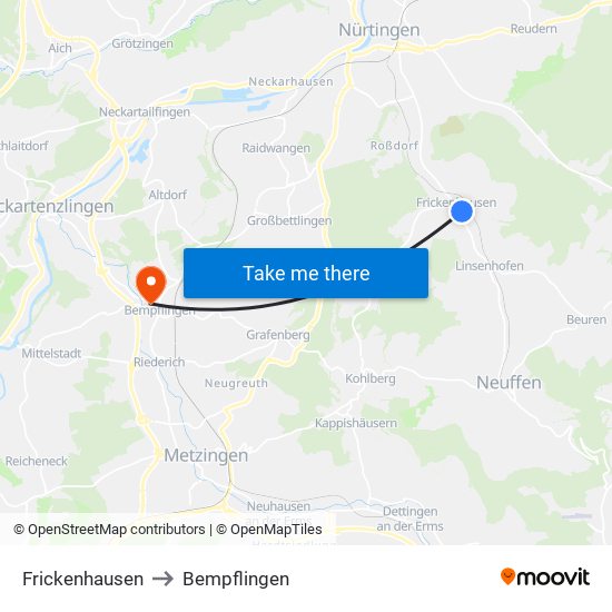 Frickenhausen to Bempflingen map