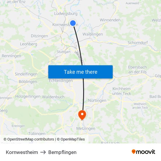 Kornwestheim to Bempflingen map