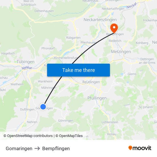 Gomaringen to Bempflingen map