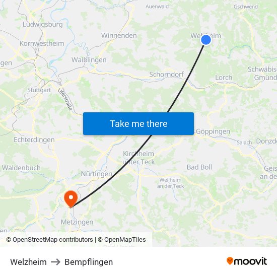 Welzheim to Bempflingen map