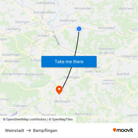 Weinstadt to Bempflingen map