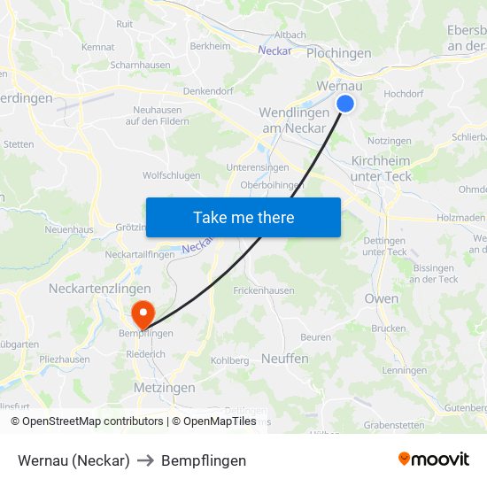 Wernau (Neckar) to Bempflingen map