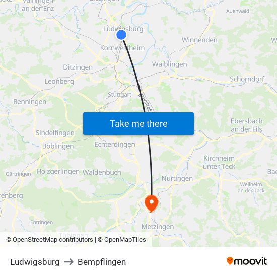 Ludwigsburg to Bempflingen map