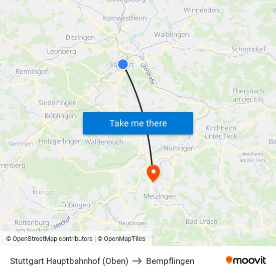 Stuttgart Hauptbahnhof (Oben) to Bempflingen map