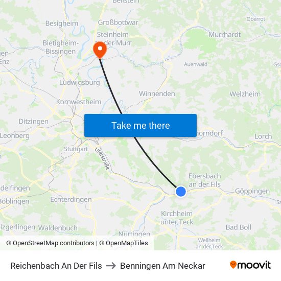 Reichenbach An Der Fils to Benningen Am Neckar map