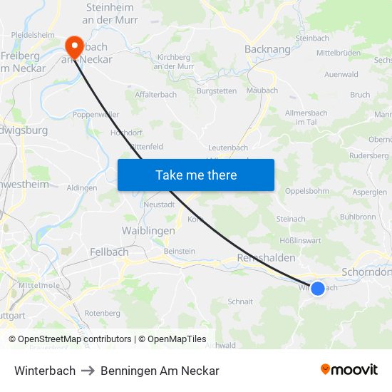Winterbach to Benningen Am Neckar map