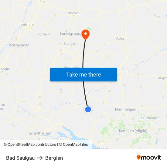 Bad Saulgau to Berglen map