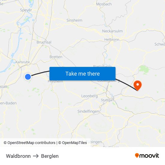 Waldbronn to Berglen map