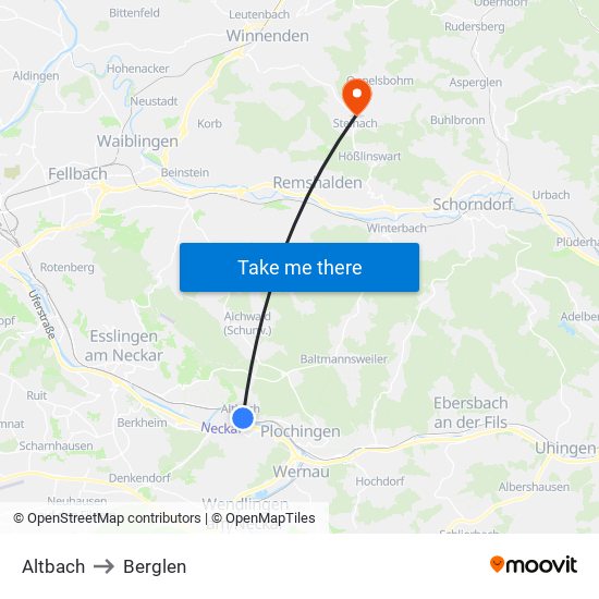 Altbach to Berglen map