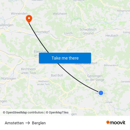 Amstetten to Berglen map