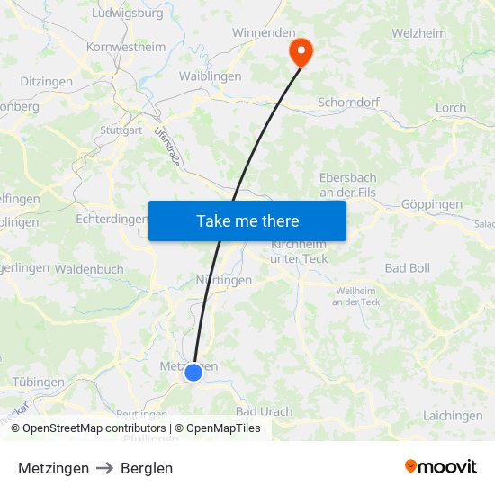 Metzingen to Berglen map